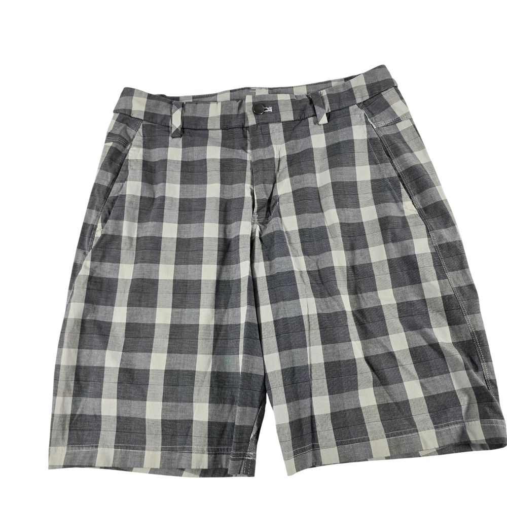 Lululemon Mens Commission Shorts 34 Grey White Gingham Plaid Check Stretch 15408